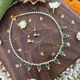 Vriksham Designer Pearl Choker Style Square Pendant Kundan Jadau Neckpiece-Green-J3395